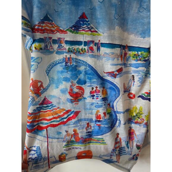 Ellen Negley Small Pool Scene Art Sol Tropical Blouse Shirt Beach Resort - Picture 6 of 8